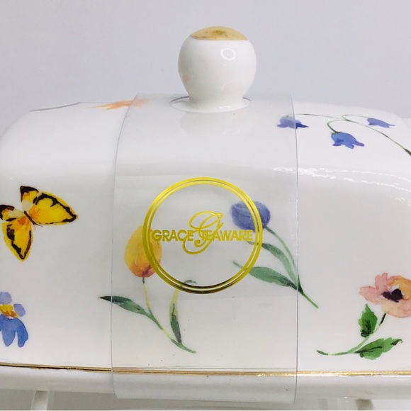 Grace's Teaware Porcelain Covered Butter Dish Flowers Floral Butterflies new - Picture 2 of 8